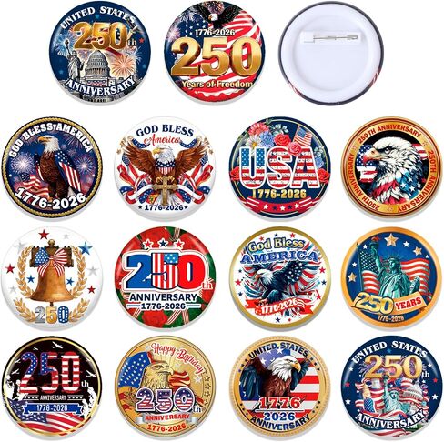 HOWAF 16Pcs 250th Anniversary Pins Buttons, USA 1776-2026 Anniversary Badges for Independence Day, Fourth of July Party Favors and Patriotic Decorations, 250 Years Freedom Pin Badges in Kuwait