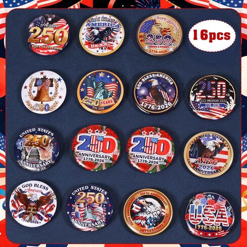 HOWAF 16Pcs 250th Anniversary Pins Buttons, USA 1776-2026 Anniversary Badges for Independence Day, Fourth of July Party Favors and Patriotic Decorations, 250 Years Freedom Pin Badges in Kuwait