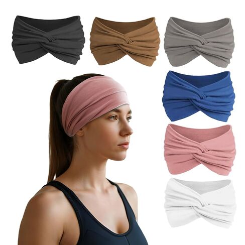 HSEM Headbands for Women, Non Silp Wide Hair Bands, Elastic Thick Head Bands, Stretchy Soft Sports Sweat Bands for Spa Workout Running Gym, Twist Knotted Cotton Cloth Turban Hair Accessories 6Pcs in Kuwait