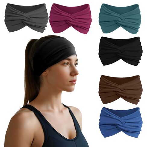 HSEM Headbands for Women, Non Silp Wide Hair Bands, Elastic Thick Head Bands, Stretchy Soft Sports Sweat Bands for Spa Workout Running Gym, Twist Knotted Cotton Cloth Turban Hair Accessories 6Pcs in Kuwait