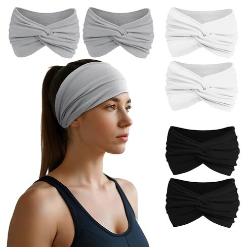 HSEM Headbands for Women, Non Silp Wide Hair Bands, Elastic Thick Head Bands, Stretchy Soft Sports Sweat Bands for Spa Workout Running Gym, Twist Knotted Cotton Cloth Turban Hair Accessories 6Pcs in Kuwait
