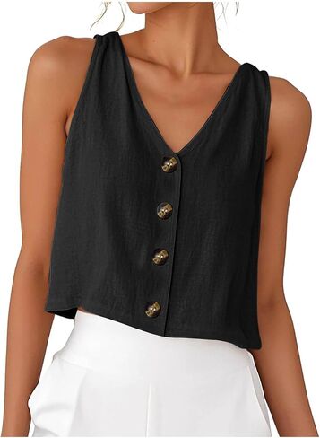 Womens Linen Crop Tank Tops Cute Summer Button Down Sleeveless Vest Shirts Lightweight V Neck Cropped Waistcoat Top in Kuwait