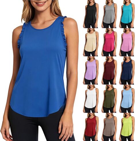 Workout Tank Tops Woman Athletic Ruffle Racerback Crewneck Sleeveless Lightweight Casual Running Gym Tee Shirts in Saudi Arabia