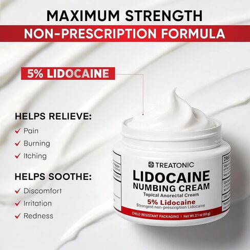 Treatonic 5% Lidocaine Numbing Cream: Lidocaine Cream Maximum Strength for Pain Relief, Itching, Burning, Soreness, Hemorrhoid Treatment - Fast Acting & Long Lasting Numbing - 2.1 oz in Saudi Arabia