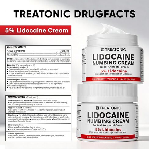 Treatonic 5% Lidocaine Numbing Cream: Lidocaine Cream Maximum Strength for Pain Relief, Itching, Burning, Soreness, Hemorrhoid Treatment - Fast Acting & Long Lasting Numbing - 2.1 oz in Saudi Arabia