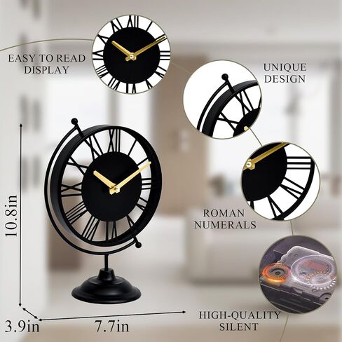 EMAX HOME Unique Globe Black Table Clock, Silent Non-Ticking Desk Clock Battery Operated, 10.8 Inch Vintage Mantel Shelf Clock with Roman Numerals for Living Room Decor, Bedroom Nightstand & Office in Saudi Arabia