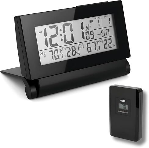 Digital Clock with Atomic RCC Time and Alarm | Indoor Temperature and Humidity Display | Wireless Sensor, Battery Operated with Blue Backlight for Bedroom or Desk in Saudi Arabia