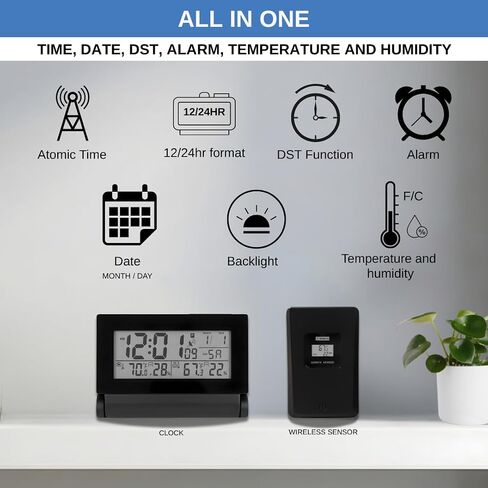 Digital Clock with Atomic RCC Time and Alarm | Indoor Temperature and Humidity Display | Wireless Sensor, Battery Operated with Blue Backlight for Bedroom or Desk in Saudi Arabia