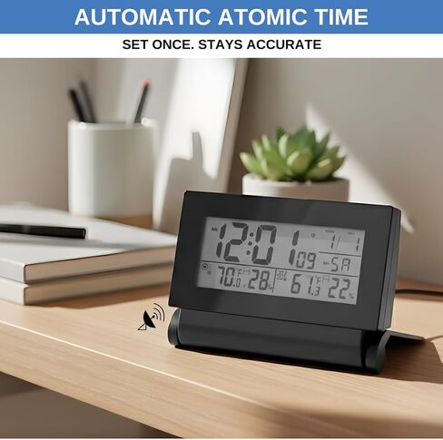 Digital Clock with Atomic RCC Time and Alarm | Indoor Temperature and Humidity Display | Wireless Sensor, Battery Operated with Blue Backlight for Bedroom or Desk in Saudi Arabia