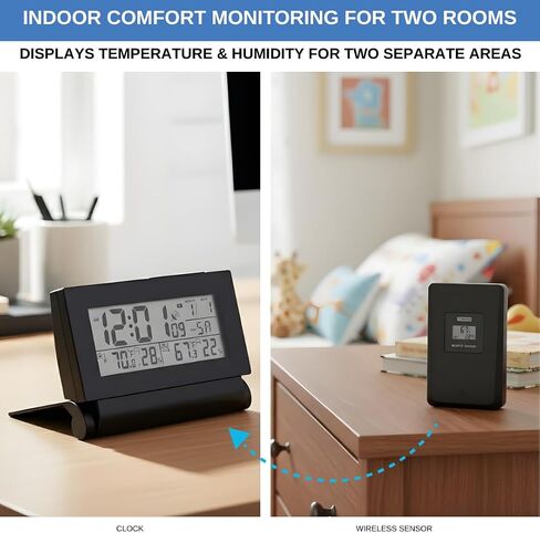 Digital Clock with Atomic RCC Time and Alarm | Indoor Temperature and Humidity Display | Wireless Sensor, Battery Operated with Blue Backlight for Bedroom or Desk in Saudi Arabia