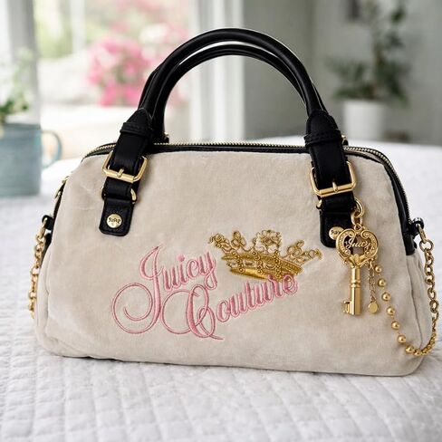 Juicy Couture Women’s The Key To Juicy Satchel Handbag with Embroidered Logo & Gold Crown Charm, Shoulder Strap in Kuwait