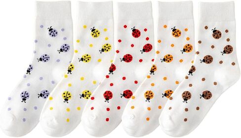 5 Pairs Cute Cartoon Pattern Polyester Crew Socks for Women & Teens in Kuwait