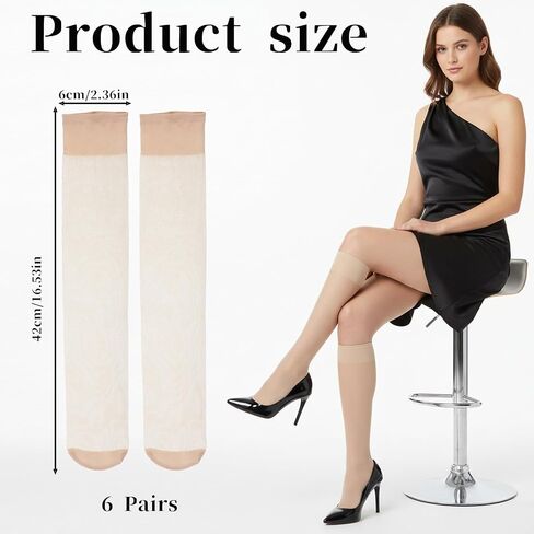 Skrfren 6 Pairs Nylon Knee High Stockings for Women, Sheer Knee High Stockings 40 Denier Nylon Socks with Reinforced Toes Nude One Size in Kuwait
