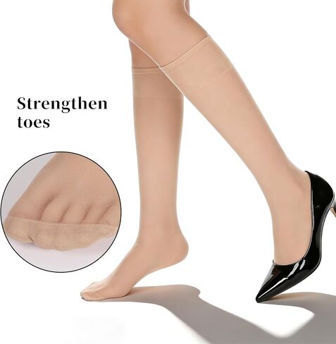 Skrfren 6 Pairs Nylon Knee High Stockings for Women, Sheer Knee High Stockings 40 Denier Nylon Socks with Reinforced Toes Nude One Size in Kuwait