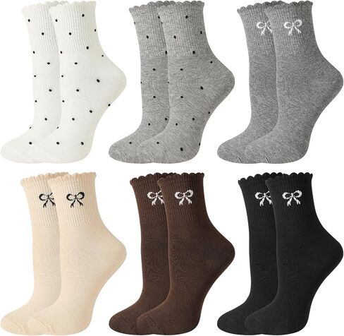 Woman's Ruffle Socks - 6 Pairs Cute Frilly Crew Sock with Bow Soft Cotton Breathable Lettuce Trim Ankle Socks for Women Girls Size 6-9 in Kuwait
