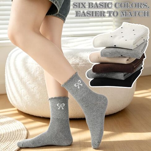 Woman's Ruffle Socks - 6 Pairs Cute Frilly Crew Sock with Bow Soft Cotton Breathable Lettuce Trim Ankle Socks for Women Girls Size 6-9 in Kuwait