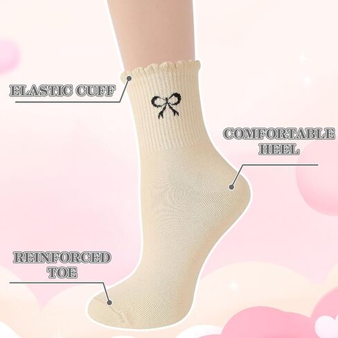 Woman's Ruffle Socks - 6 Pairs Cute Frilly Crew Sock with Bow Soft Cotton Breathable Lettuce Trim Ankle Socks for Women Girls Size 6-9 in Kuwait