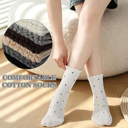 Woman's Ruffle Socks - 6 Pairs Cute Frilly Crew Sock with Bow Soft Cotton Breathable Lettuce Trim Ankle Socks for Women Girls Size 6-9 in Kuwait