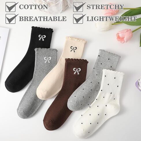 Woman's Ruffle Socks - 6 Pairs Cute Frilly Crew Sock with Bow Soft Cotton Breathable Lettuce Trim Ankle Socks for Women Girls Size 6-9 in Kuwait