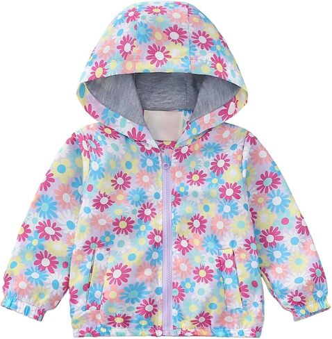 Kids Rain Jacket Windproof Long Sleeve Printed Zip Up Hooded Jackets Lightweight Outdoor Tactical Raincoats 1-9 Y in Kuwait