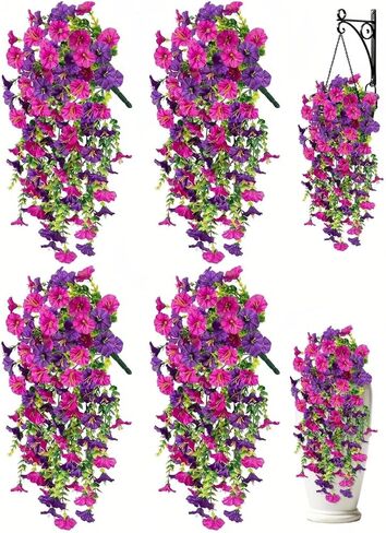 Artificial Hanging Flowers for Outdoors, 4 PCS UV Resistant Morning Glory Flowers with Eucalyptus Leaves, Silk Fake Flower Realistic Faux Plants for Home Patio Porch Garden Decor, Purple+Fuchsia in Kuwait