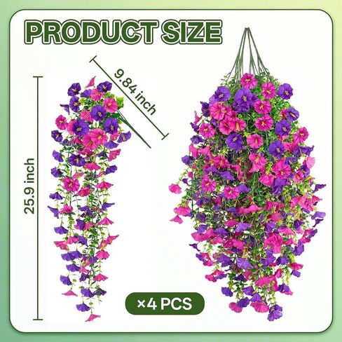 Artificial Hanging Flowers for Outdoors, 4 PCS UV Resistant Morning Glory Flowers with Eucalyptus Leaves, Silk Fake Flower Realistic Faux Plants for Home Patio Porch Garden Decor, Purple+Fuchsia in Kuwait
