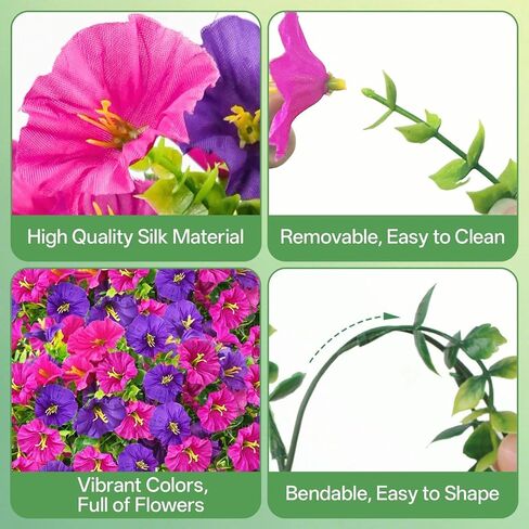 Artificial Hanging Flowers for Outdoors, 4 PCS UV Resistant Morning Glory Flowers with Eucalyptus Leaves, Silk Fake Flower Realistic Faux Plants for Home Patio Porch Garden Decor, Purple+Fuchsia in Kuwait
