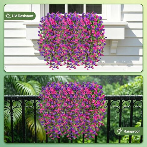 Artificial Hanging Flowers for Outdoors, 4 PCS UV Resistant Morning Glory Flowers with Eucalyptus Leaves, Silk Fake Flower Realistic Faux Plants for Home Patio Porch Garden Decor, Purple+Fuchsia in Kuwait