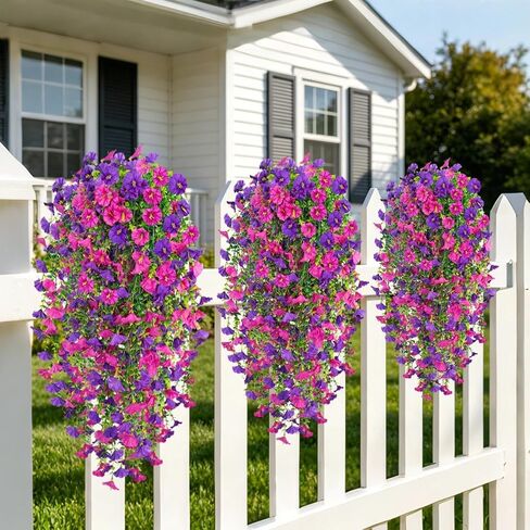 Artificial Hanging Flowers for Outdoors, 4 PCS UV Resistant Morning Glory Flowers with Eucalyptus Leaves, Silk Fake Flower Realistic Faux Plants for Home Patio Porch Garden Decor, Purple+Fuchsia in Kuwait