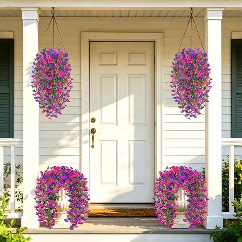 Artificial Hanging Flowers for Outdoors, 4 PCS UV Resistant Morning Glory Flowers with Eucalyptus Leaves, Silk Fake Flower Realistic Faux Plants for Home Patio Porch Garden Decor, Purple+Fuchsia in Kuwait