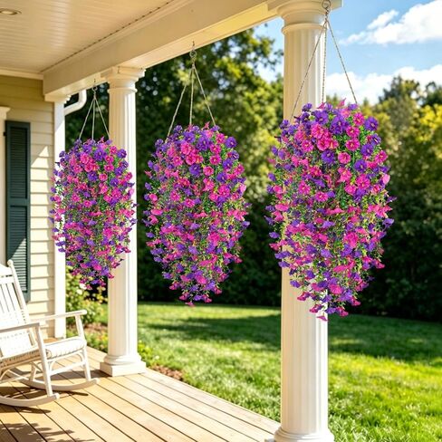 Artificial Hanging Flowers for Outdoors, 4 PCS UV Resistant Morning Glory Flowers with Eucalyptus Leaves, Silk Fake Flower Realistic Faux Plants for Home Patio Porch Garden Decor, Purple+Fuchsia in Kuwait