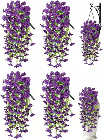Artificial Hanging Flowers for Outdoors, 4 PCS UV Resistant Morning Glory Flowers with Eucalyptus Leaves, Silk Fake Flower Realistic Faux Plants for Home Patio Porch Garden Decor, Purple+Fuchsia in Kuwait