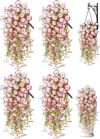 Artificial Hanging Flowers for Outdoors, 4 PCS UV Resistant Morning Glory Flowers with Eucalyptus Leaves, Silk Fake Flower Realistic Faux Plants for Home Patio Porch Garden Decor, Purple+Fuchsia in Kuwait
