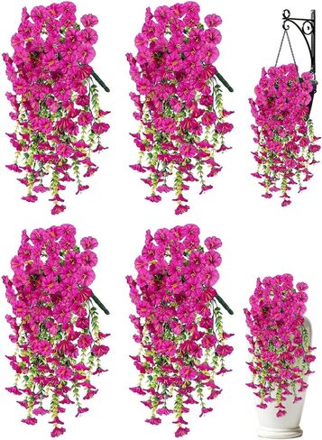 Artificial Hanging Flowers for Outdoors, 4 PCS UV Resistant Morning Glory Flowers with Eucalyptus Leaves, Silk Fake Flower Realistic Faux Plants for Home Patio Porch Garden Decor, Purple+Fuchsia in Kuwait