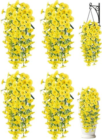Artificial Hanging Flowers for Outdoors, 4 PCS UV Resistant Morning Glory Flowers with Eucalyptus Leaves, Silk Fake Flower Realistic Faux Plants for Home Patio Porch Garden Decor, Purple+Fuchsia in Kuwait