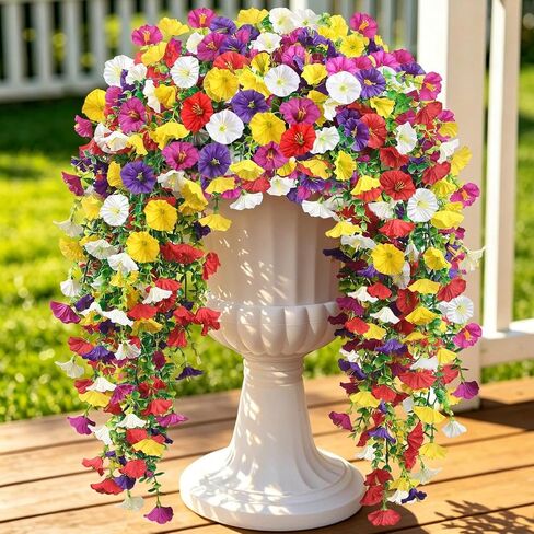Artificial Hanging Flowers for Outdoors, 4 PCS UV Resistant Morning Glory Flowers with Eucalyptus Leaves, Silk Fake Flower Realistic Faux Plants for Home Patio Porch Garden Decor, Purple+Fuchsia in Kuwait