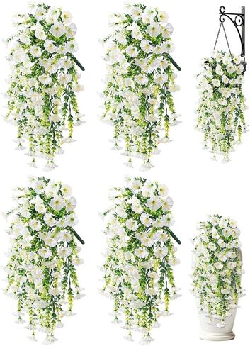 Artificial Hanging Flowers for Outdoors, 4 PCS UV Resistant Morning Glory Flowers with Eucalyptus Leaves, Silk Fake Flower Realistic Faux Plants for Home Patio Porch Garden Decor, Purple+Fuchsia in Kuwait