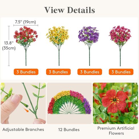 Lifewit Artificial Flowers for Outdoor Indoor, 12 Bundles Plastic Fake Flowers Daisy with Eucalyptus Leaves for Home Garden Decor, Porch, Window Box(Mix for Fuchsia Purple Yellow Red) in Kuwait
