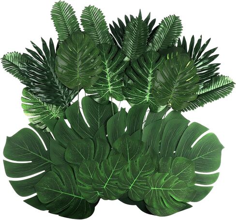 72 Pieces 10 Kinds Artificial Palm Leaves Golden Tropical Leaves with Stems Jungle Leaves Decorations for Hawaiian Luau Party Beach Baby Shower Wedding Birthday in Kuwait