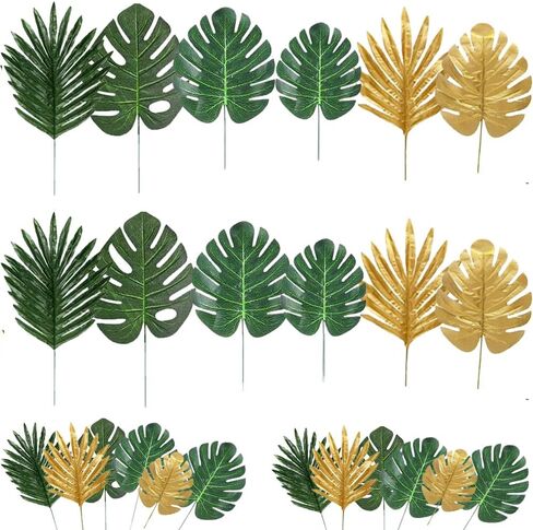 72 Pieces 10 Kinds Artificial Palm Leaves Golden Tropical Leaves with Stems Jungle Leaves Decorations for Hawaiian Luau Party Beach Baby Shower Wedding Birthday in Kuwait