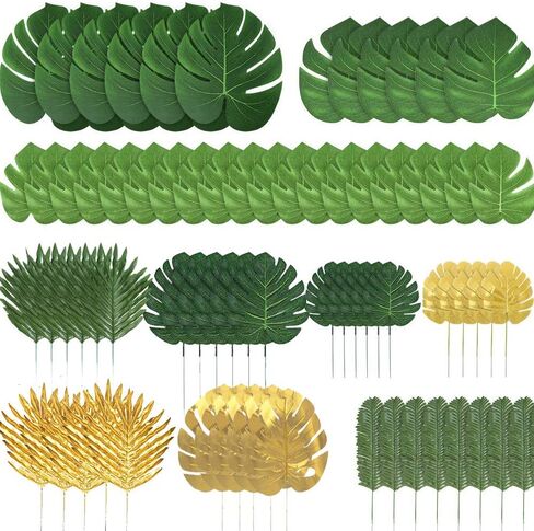 72 Pieces 10 Kinds Artificial Palm Leaves Golden Tropical Leaves with Stems Jungle Leaves Decorations for Hawaiian Luau Party Beach Baby Shower Wedding Birthday in Kuwait