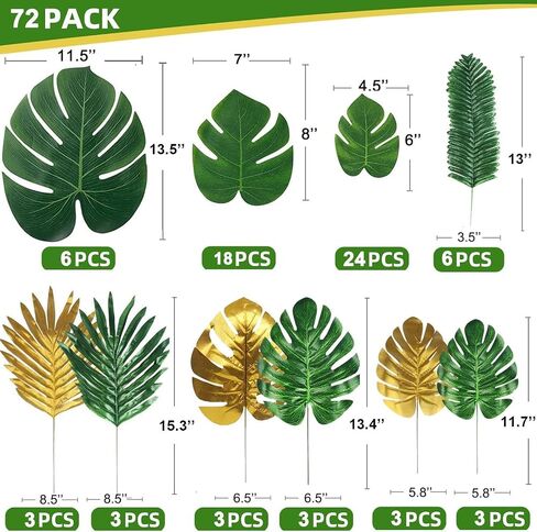 72 Pieces 10 Kinds Artificial Palm Leaves Golden Tropical Leaves with Stems Jungle Leaves Decorations for Hawaiian Luau Party Beach Baby Shower Wedding Birthday in Kuwait