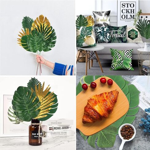 72 Pieces 10 Kinds Artificial Palm Leaves Golden Tropical Leaves with Stems Jungle Leaves Decorations for Hawaiian Luau Party Beach Baby Shower Wedding Birthday in Kuwait