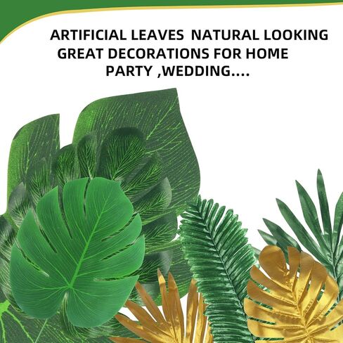 72 Pieces 10 Kinds Artificial Palm Leaves Golden Tropical Leaves with Stems Jungle Leaves Decorations for Hawaiian Luau Party Beach Baby Shower Wedding Birthday in Kuwait