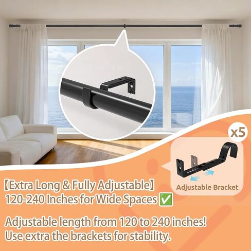 Outdoor Curtain Rods for Patio, Extra Long Rod (32 to 240 Inch) – Heavy Duty Curtain Rod, Adjustable Wall & Ceiling Mount, Matte Black Room Divider, For 1 Large Window or 2 Windows,5 Holders in Saudi Arabia