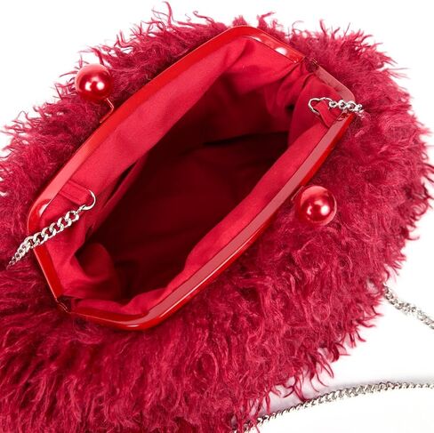 Women Faux Fur Kisslock frame pouch bag winter warm red bag clasp clutch bag with chain crossbody in Saudi Arabia