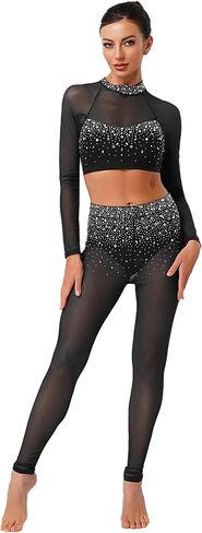 Womens Two Pieces Rhinestone Gymnastics Dance Outfits Figure Ice Skating Ballet Dance Suit in Kuwait