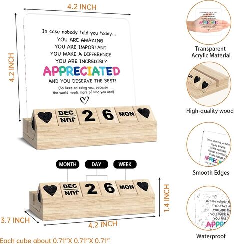 Inspirational Gifts Calendar - Thank You Appreciation Gifts for Women Man, Wooden Block Calendar Desk Sign for Friends Coworker Employee Staff Manager Teacher Motivational Office Decor Accessories in Saudi Arabia