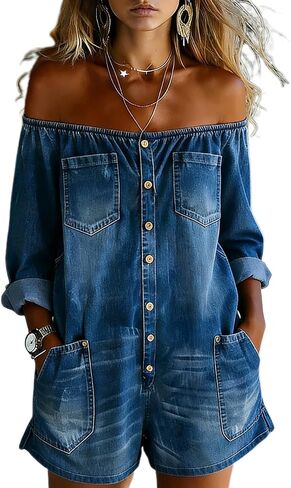 ksotutm Denim Jumpsuit for Women Sexy Off Shoulder Short Romper Baggy Vintage Jean Jumpsuits with Pockets in Saudi Arabia