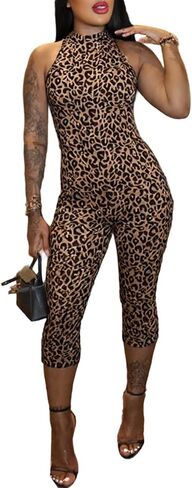 Women's Leopard Print Romper Sexy Bodycon Jumpsuits Sleeveless Backless Capri Leggings Club Outfits Catsuits in Saudi Arabia